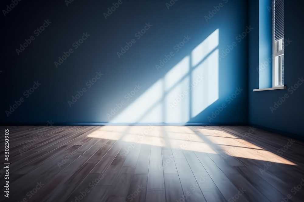 Blue empty wall and wooden floor with interesting light glare. Interior background for the presentation, Generative AI Blue empty wall and wooden floor with interesting light glare. Interior background for the presentation, Generative AI