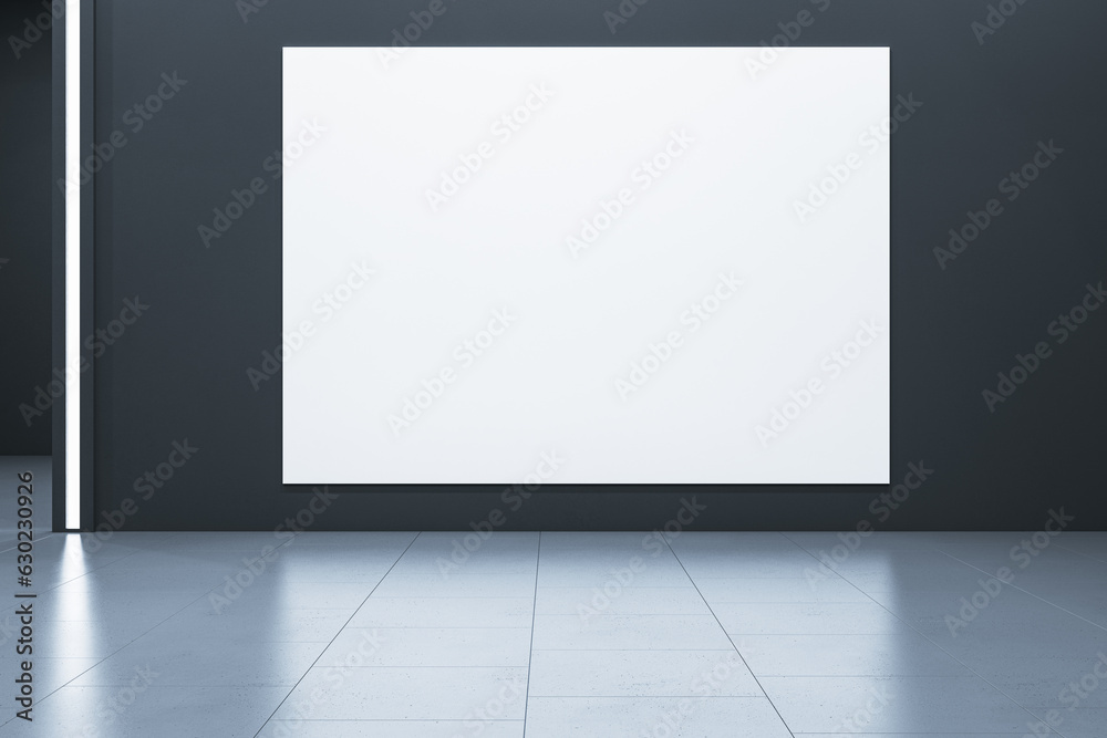 Obraz premium Modern dark geometric interior with mock up place on big white banner and reflections on floor. Exhibition, gallery and layout concept. 3D Rendering.