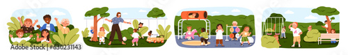 Children play hide and seek outdoors, funny kids game. Happy preschool boys and girls, fun leisure in nature, park, kindergarten playground. Flat vector illustrations set isolated on white background