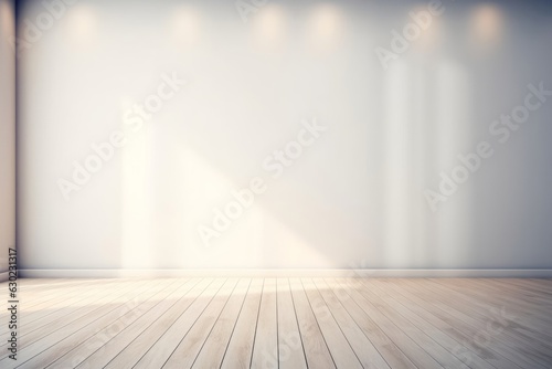 Empty light interior background. White textured empty wall and wooden light floor with beautiful lighting. AI generated  Generative AI