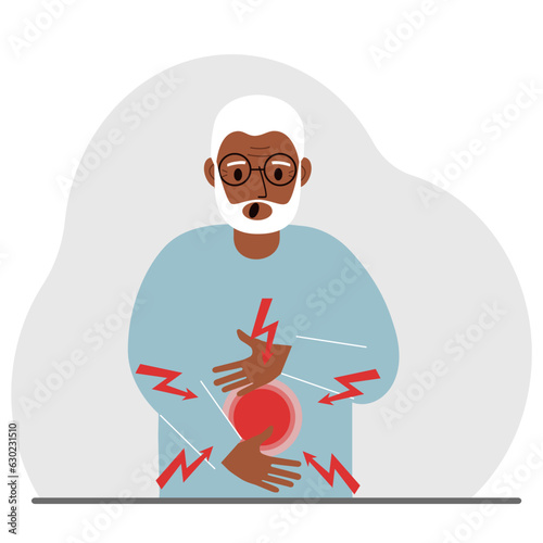 A problem with the intestines, stomach or a bolt in the abdomen. A man holds his hands on his stomach near the place of pain.