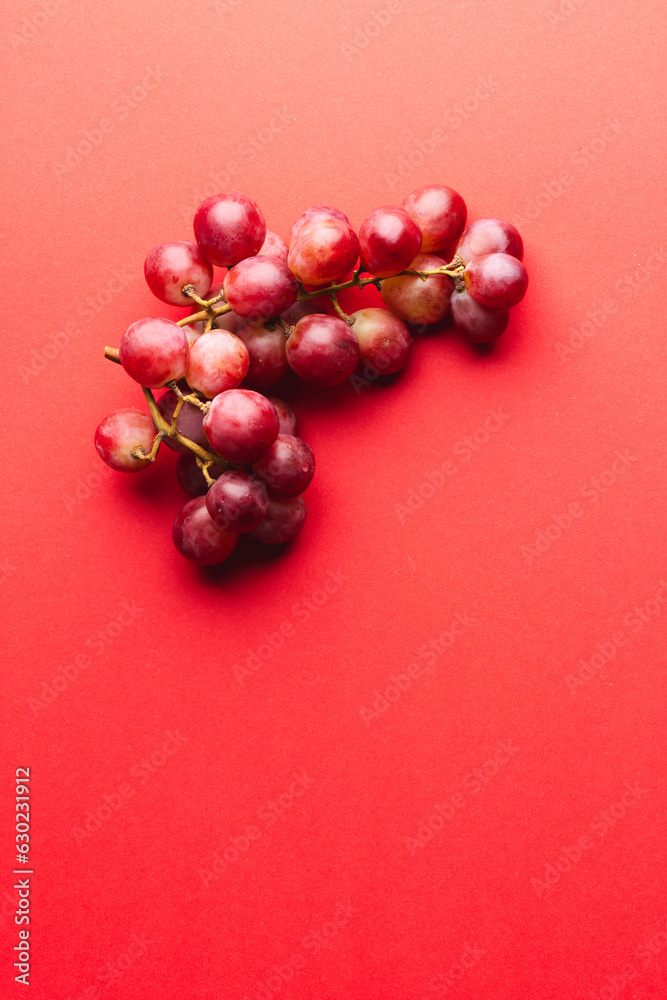 Close up of red grapes and copy space on red background Close up of red grapes and copy space on red background