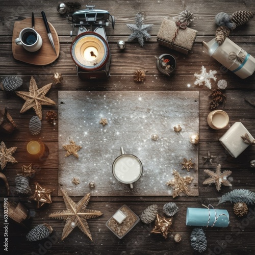 Wooden flat lay photo of christmas desktop wallpaper with christmas decorations and decorations on a wooden background, in the style of pictorialism, snow, candel, rounded,