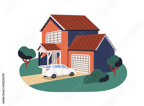 House and parked car at garage. Auto and real estate outside. Automobile and suburban residential home building, mansion, dwelling. Flat graphic vector illustration isolated on white background