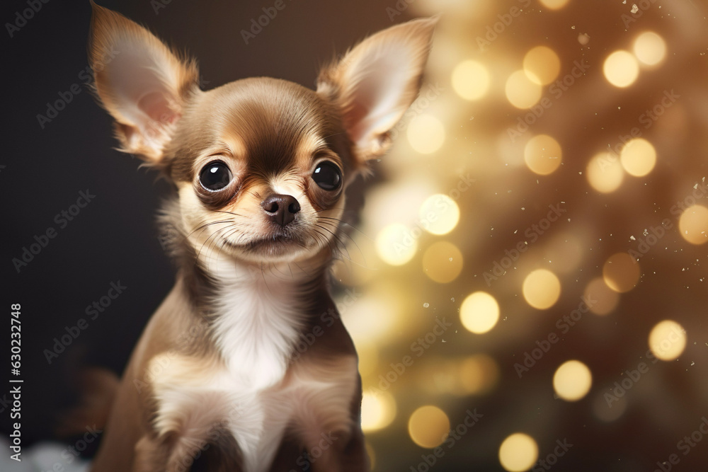 Chihuahua on Christmas tree background with golden lights. Chihuahua on Christmas tree background with golden lights.
