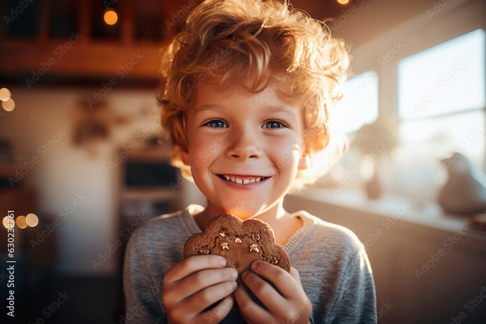 Happy red-haired boy holding a large gingerbread cookie.