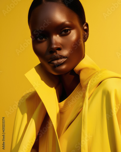 Vertical portrait of a young African American fashion model wearing yellow clothing isolated from the background. Generative AI.