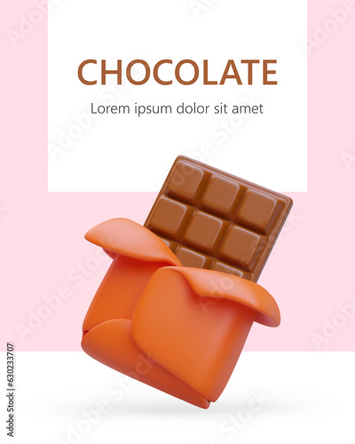 Vertical poster with 3D half opened chocolate bar. Template on colored background, place for text. Concept for sweet shops, manufacturers, products with chocolate flavor, aroma