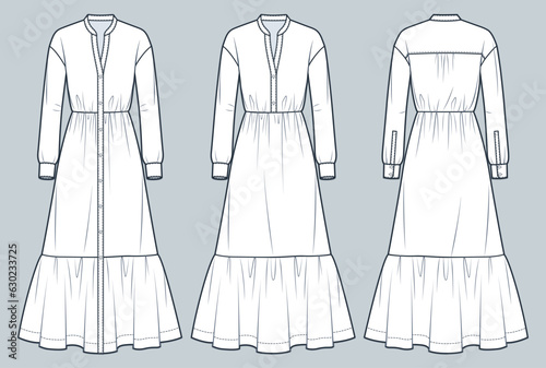 Set of Shirt Dress technical fashion illustration. Tiered Dress fashion flat technical drawing template, long sleeve, maxi length, front and back view, white, women CAD mockup set.