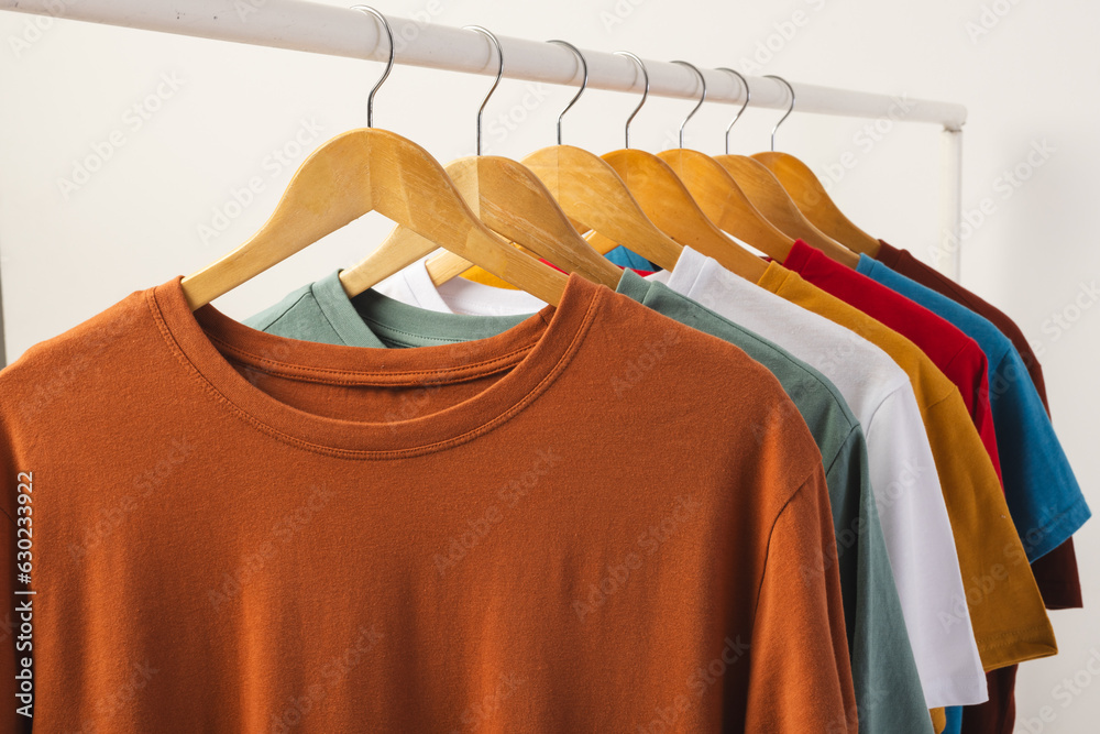 Obraz premium Multi coloured t shirts on hangers hanging from clothes rail and copy space on white background