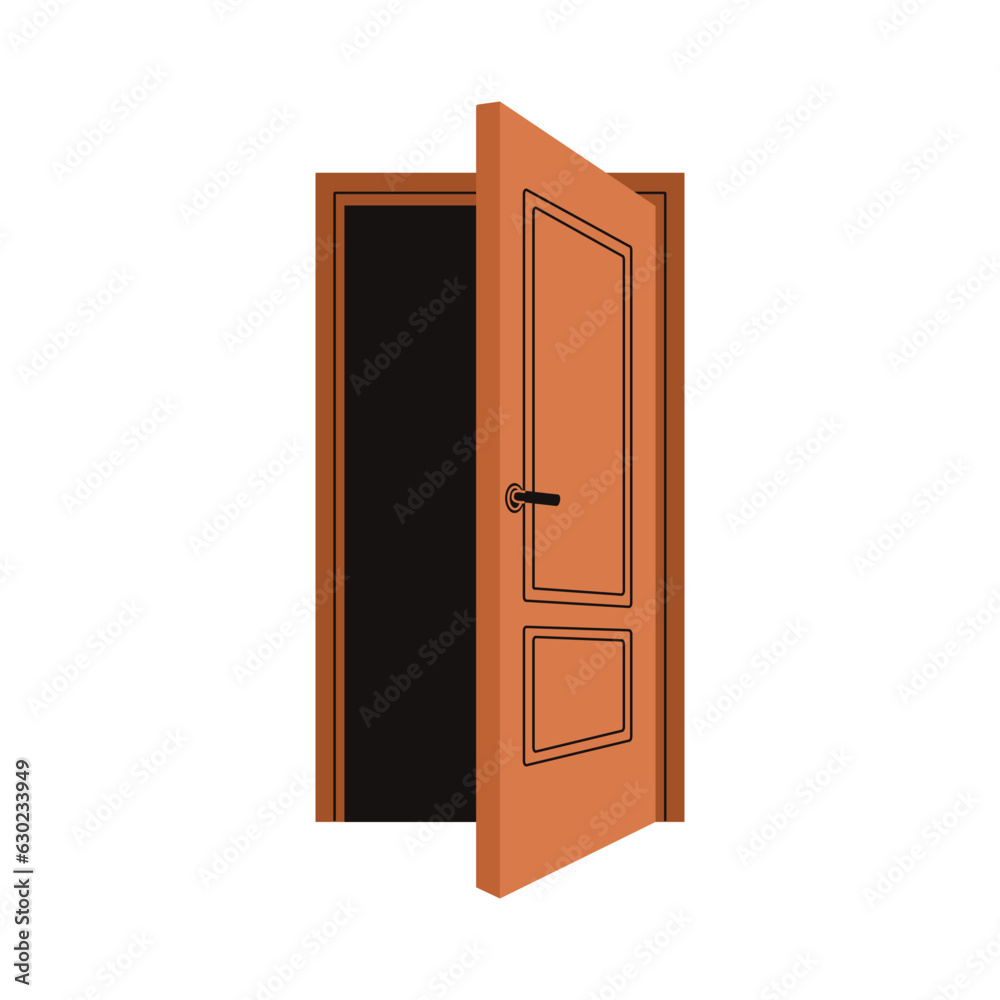 Half-open door. Exit and entrance from inside. House doorway, frame. Doorframe for entering, accessing room. Portal, entry, way to abstract home. Flat vector illustration isolated on white background Half-open door. Exit and entrance from inside. House doorway, frame. Doorframe for entering, accessing room. Portal, entry, way to abstract home. Flat vector illustration isolated on white background