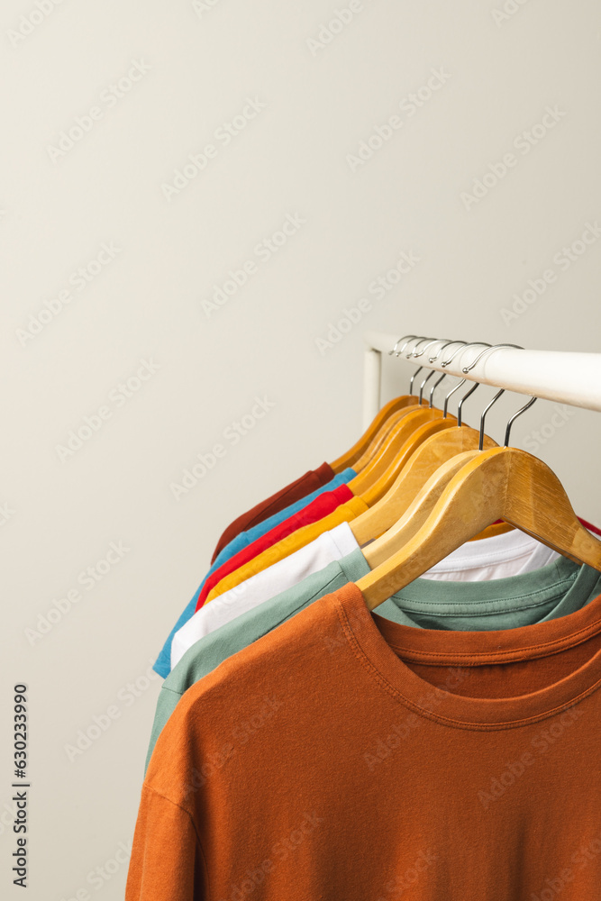 Naklejka premium Multi coloured t shirts on hangers hanging from clothes rail and copy space on white background