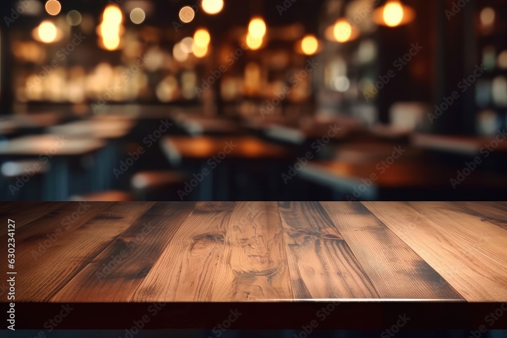 Montage wooden table with blurred modern kitchen room background. Generative AI