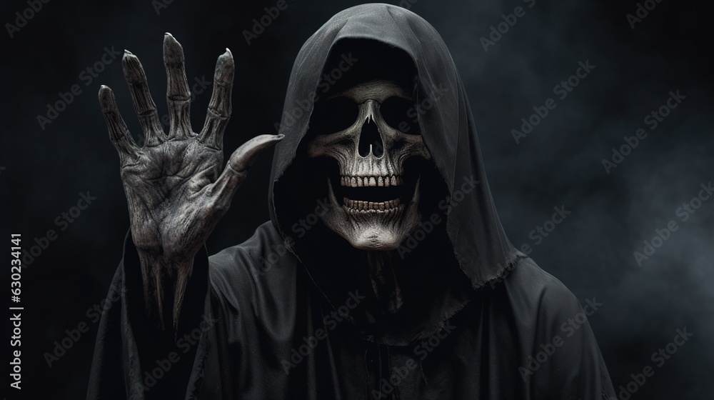 Halloween. Grim reaper reaching towards the camera over dark background Halloween. Grim reaper reaching towards the camera over dark background