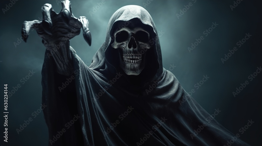 Halloween. Grim reaper reaching towards the camera over dark background - obrazy, fototapety, plakaty 