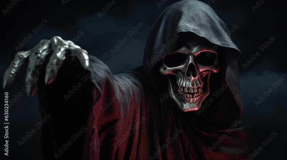 Halloween. Grim reaper reaching towards the camera over dark, foggy background with copy space Halloween. Grim reaper reaching towards the camera over dark, foggy background with copy space