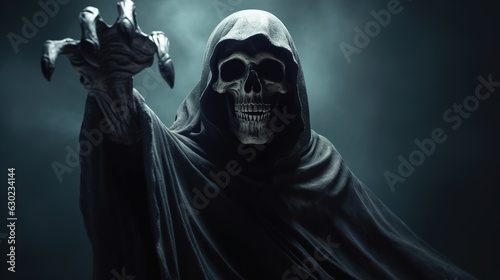 Halloween. Grim reaper reaching towards the camera over dark background