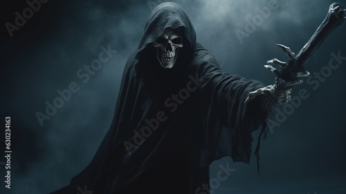 Halloween. Grim reaper reaching towards the camera over dark, foggy background with copy space