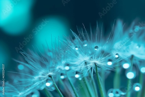 Dandelion Seeds in droplets of water on blue and turquoise beautiful background with soft focus in nature macro. Drops of dew sparkle on dandelion in rays of, Generative AI