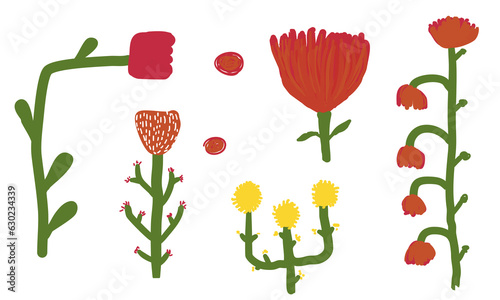 Abstract plants. Simple various branches, flowers and leaves. Hand drawn color set of flowers. Floral design.