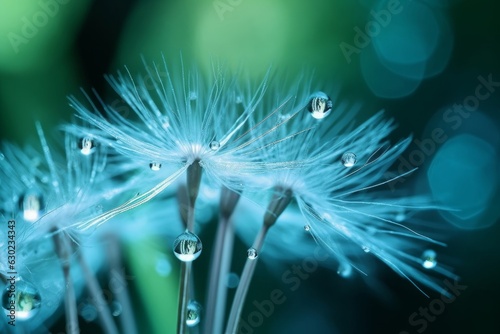Dandelion Seeds in droplets of water on blue and turquoise beautiful background with soft focus in nature macro. Drops of dew sparkle on dandelion in rays of, Generative AI