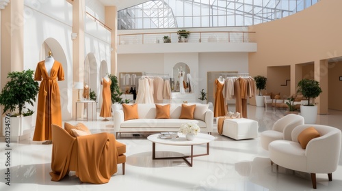 Showroom interior with stylish clothes and accessories for home advertising and background.