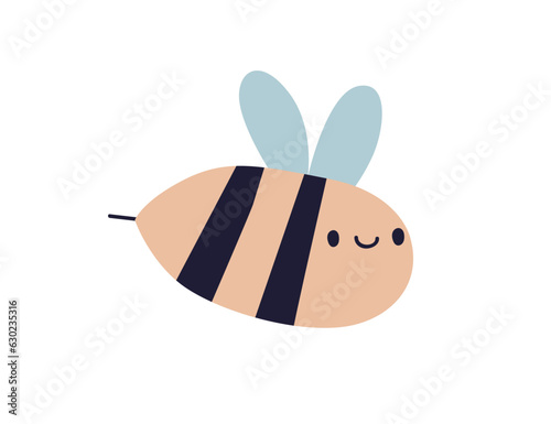 Cute bumblebee flying. Funny smiling bumble bee, baby character in Scandinavian style. Adorable kawaii insect with happy face, wings. Flat vector illustration isolated on white background