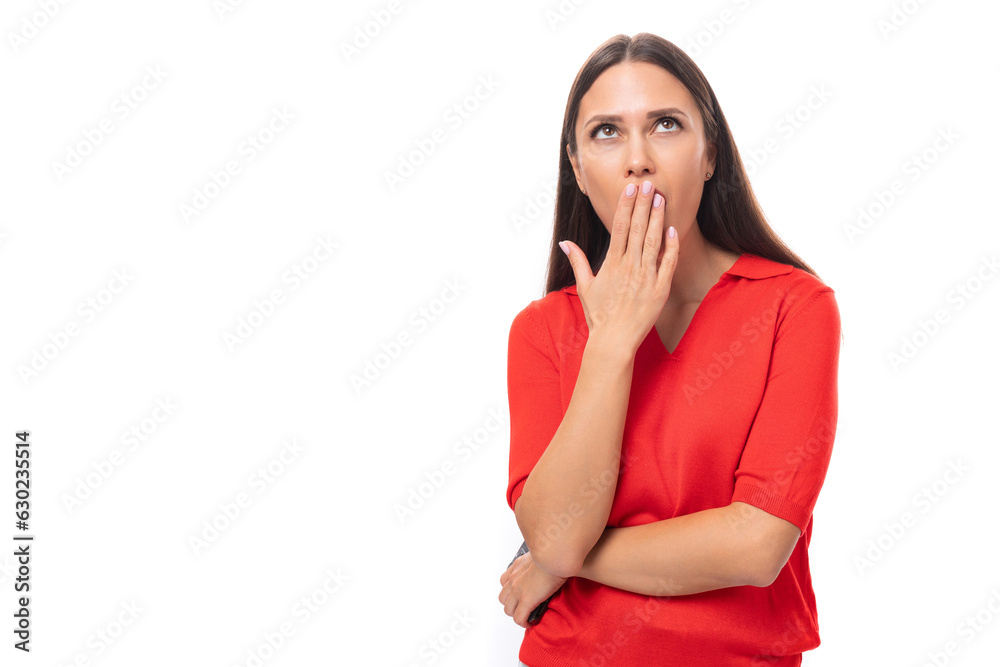 close-up portrait of a yawning young european brunette lady in a red t-shirt close-up portrait of a yawning young european brunette lady in a red t-shirt