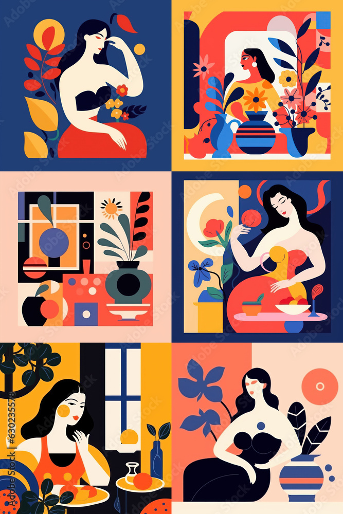 Neural network generated image. Woman with flower Flat design matisse style illustration.