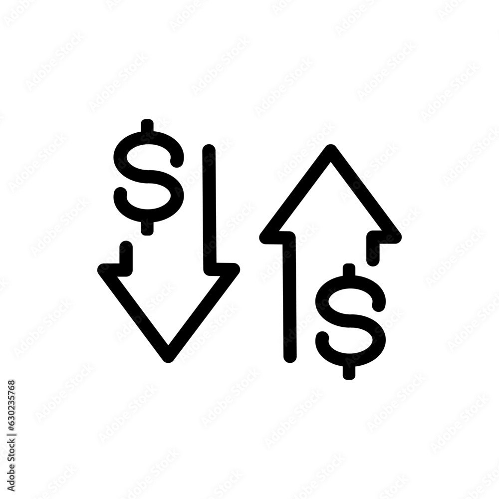 Up and Down arrows with dollar sign in flat icon design on white color background. Vector sign Up and Down arrows with dollar sign in flat icon design on white color background. Vector sign