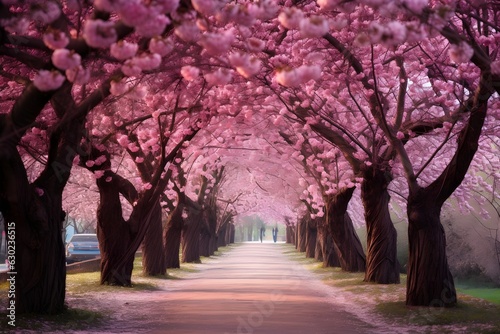 Romantic alley of blossoming cherry trees in a park, evoking a sense of tranquility and spring renewal