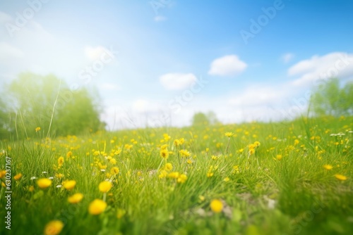 Beautiful meadow field with fresh grass and yellow dandelion flowers in nature against a blurry blue sky with clouds. Summer spring perfect natural  Generative AI