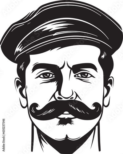 Hand-drawn Retro man in a cap and with a mustache  , Retro comics, American cartoon comic books and pulp novels black vector on a white background, illustration, vector, SVG