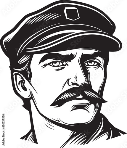 Hand-drawn Retro man in a cap and with a mustache  , Retro comics, American cartoon comic books and pulp novels black vector on a white background, illustration, vector, SVG