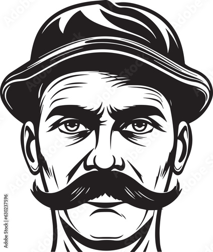Hand-drawn Retro man in a cap and with a mustache  , Retro comics, American cartoon comic books and pulp novels black vector on a white background, illustration, vector, SVG