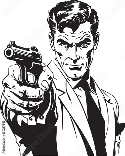 Hand-drawn Retro man hold gun , Retro comics, American cartoon comic books and pulp novels black vector on a white background, illustration, vector, SVG