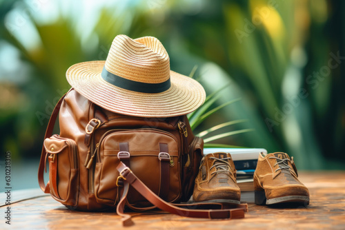 Tourism or travel conceptual image. Tourist gear: rucksack, boots, straw hat, books. Tropical foliage in blurry background. Generative AI