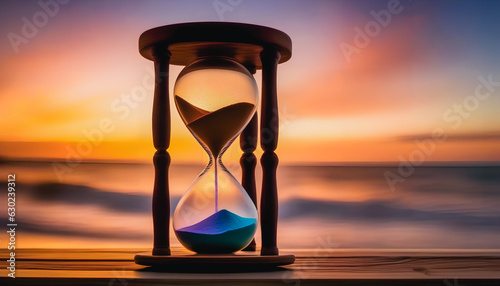 Time's Chromatic Hourglass: Colorful Sands Amidst the Oceanic Canvas. Generative AI.