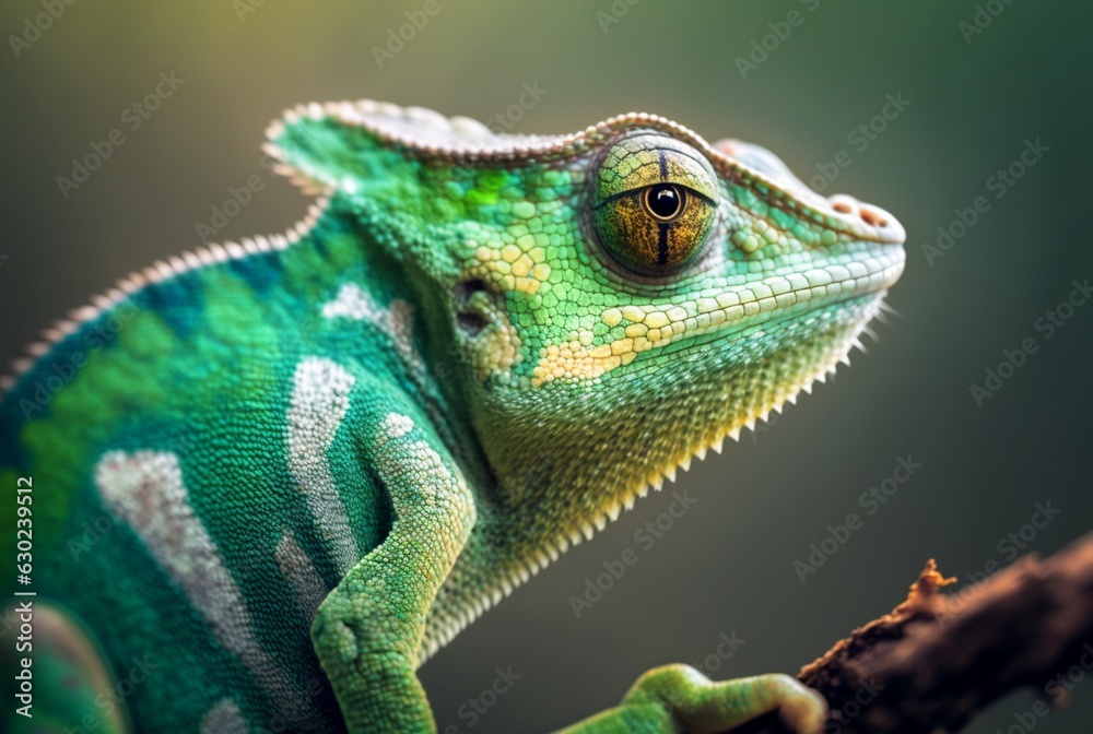 Obraz premium Green chameleon with textured skin close up, blurred tropical background. Generative AI.
