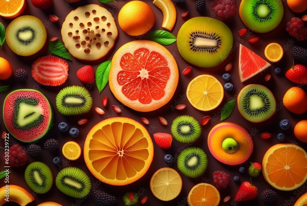 top view of fresh fruits neatly arranged for background. Generative AI. top view of fresh fruits neatly arranged for background. Generative AI.