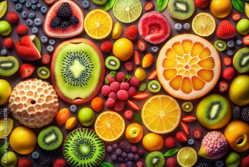 top view of fresh fruits neatly arranged for background. Generative AI. top view of fresh fruits neatly arranged for background. Generative AI.