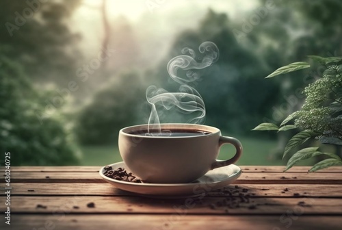 cup of hot coffee with smoke and coffee beans on table with blurred background of coffee garden. generative ai