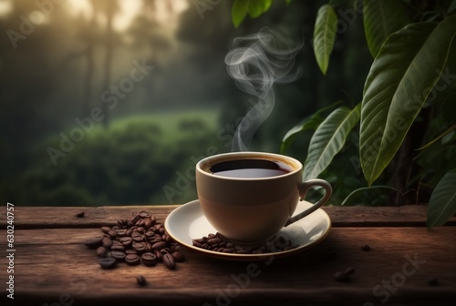 cup of hot coffee with smoke and coffee beans on table with blurred background of coffee garden. generative ai