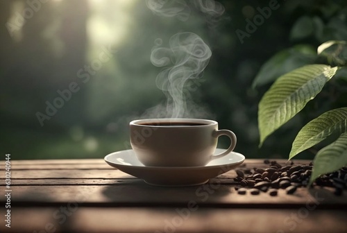 cup of hot coffee with smoke and coffee beans on table with blurred background of coffee garden. generative ai
