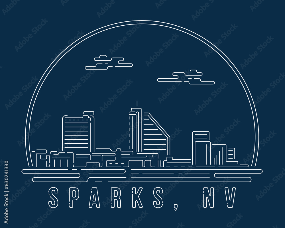 Fototapeta premium Sparks, Nevada - Cityscape with white abstract line corner curve modern style on dark blue background, building skyline city vector illustration design