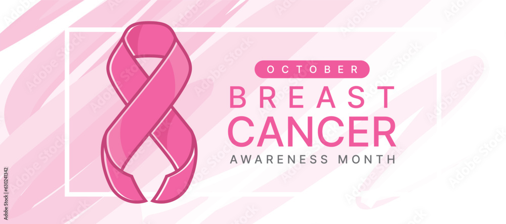 October, Breast cancer awareness month text and Pink ribbon awareness sign in white frame on abstract soft pink ink texture background vector design
