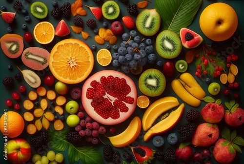 top view of fresh fruits neatly arranged for background. Generative AI.