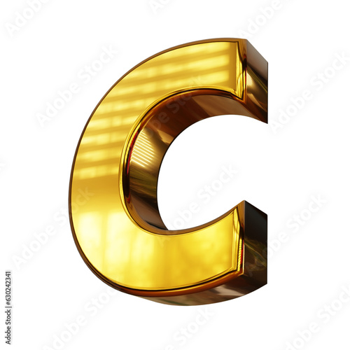 3D Letter C Gold Transparent Background, Golden Shiny Alphabet 3D Render