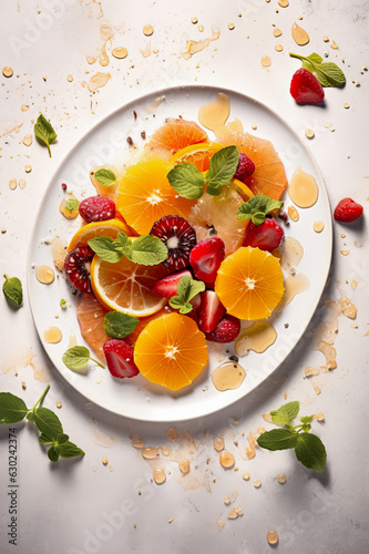 Berry Fruit Carpaccio: A colorful dessert featuring thinly sliced mixed citrus fruits and berries arranged  on a white plate. Vertical, top view.