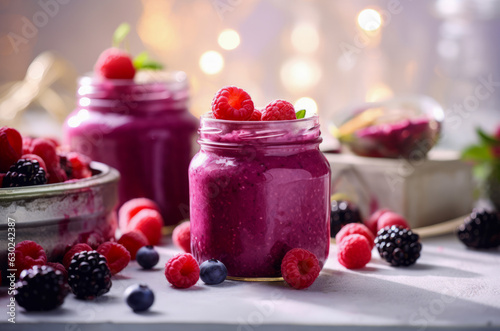 Purple Mixed Berry Curd in a glass jar, with fresh raspberries, blueberries, and blackberries on a background.